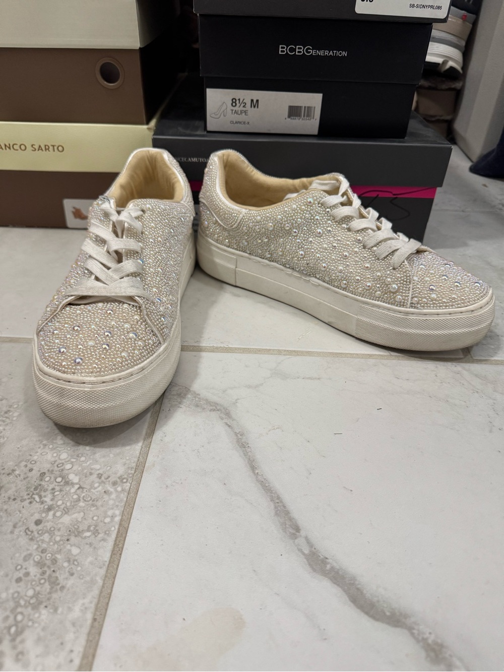 Betsey Johnson Ivory Crystal-Embellished Platform Sneakers